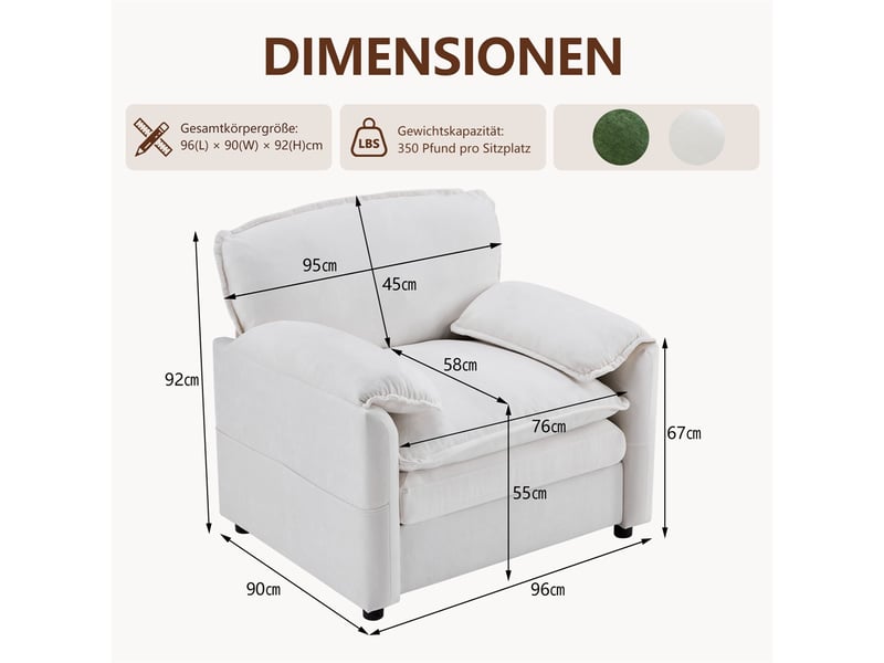  Fauteuil rétro en chenille blanc - 96x92x90cm - canapé individuel avec poches de rangement latérales pour salon et chambre - blanc  - Conforama E