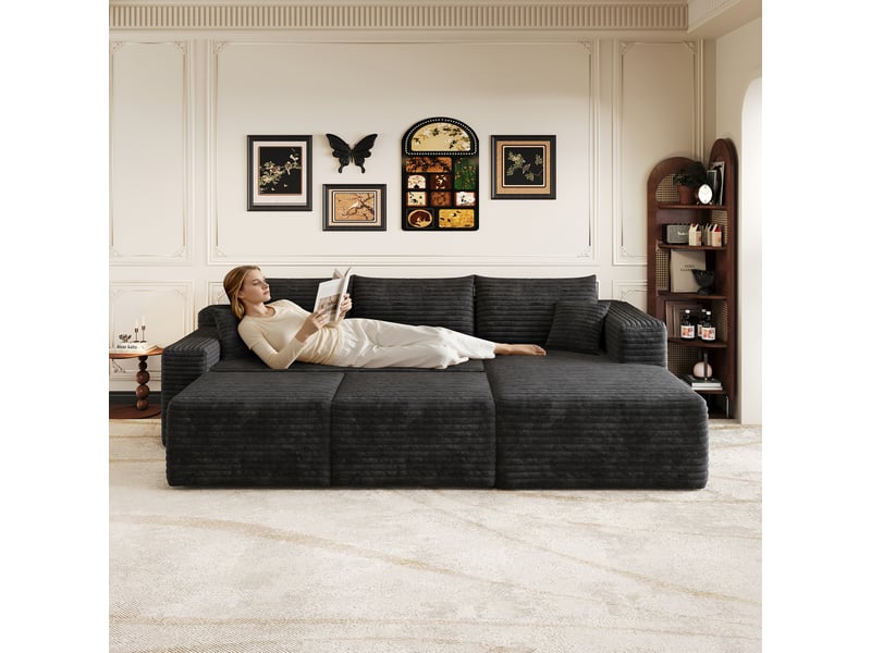 Canapé d’angle 3 places en velours côtelé camel, canapé en l pour salon, assise profonde avec méridienne, 241 cm - Conforama E