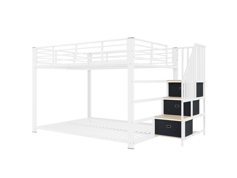  Lit superposé adulte 140x200 cm blanc et noyer, escalier, rangement et led Fay Lum - Conforama R