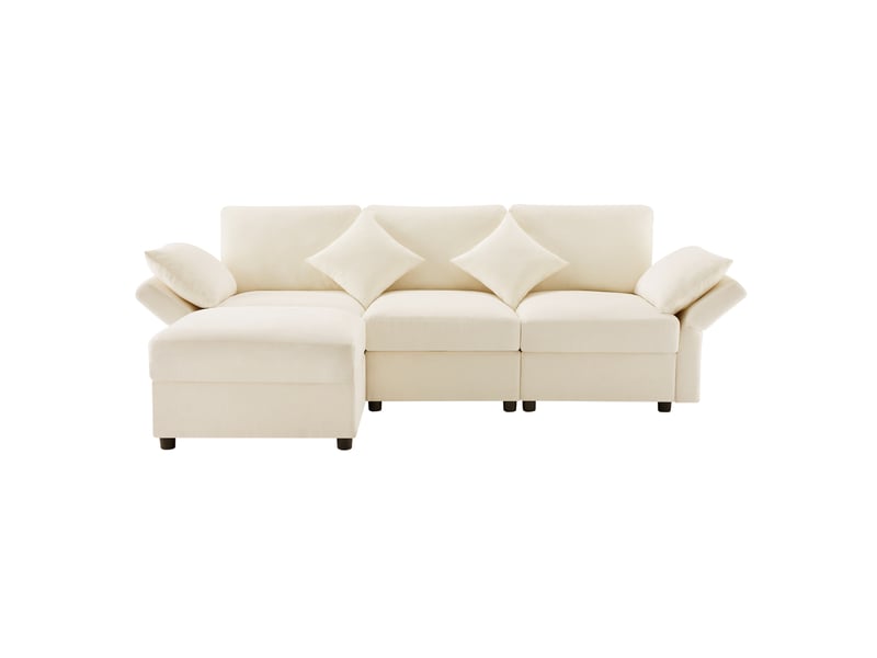  Canapé d'angle modenvie en chenille beige 218 x 156,5 x 86 cm avec pouf et accoudoirs réglables  - Conforama A