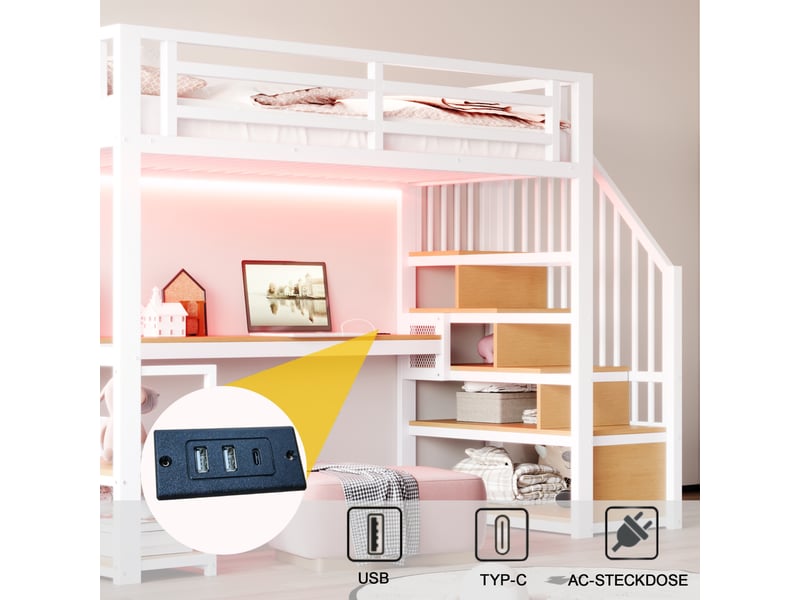  Lit mezzanine 90x200 cm en métal avec led, prise, escalier de rangement, bureau et étagères, blanc Fay Lum - Conforama D