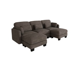 Canapé modulable en u 3 places, revêtement chenille, marron, avec 2 poufs, pour salon