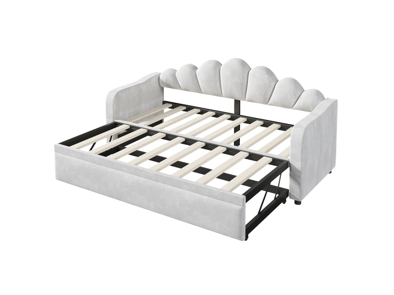  Lit gigogne 90x200 cm led, lit banquette lit enfant en velours gris avec sommier à lattes, sans matelas  - Conforama R