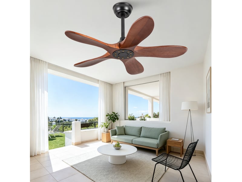  Ventilateur de plafond 36 pouces sans lumière en bois foncé et noir, 5 pales, télécommande, silencieux  - Conforama E