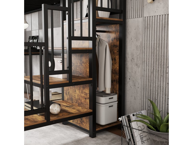  Lit mezzanine 1 place avec armoire, table et escalier latéral, 200x90 cm, sans matelas, noir et noyer foncé  - Conforama E