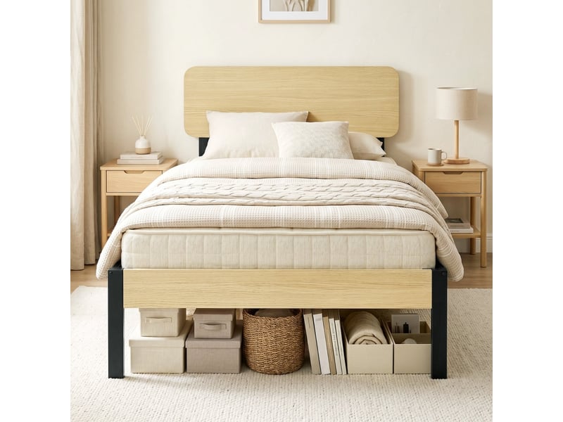  Lit plateforme 90x200 cm, lit enfant, rangement, métal bois naturel  - Conforama C