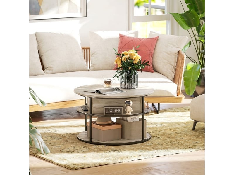  Table basse ronde ø80 x 47-61,5 cm en panneau de particules mélaminé avec plateau relevable et rangement chêne chicfurn  - Conforama C