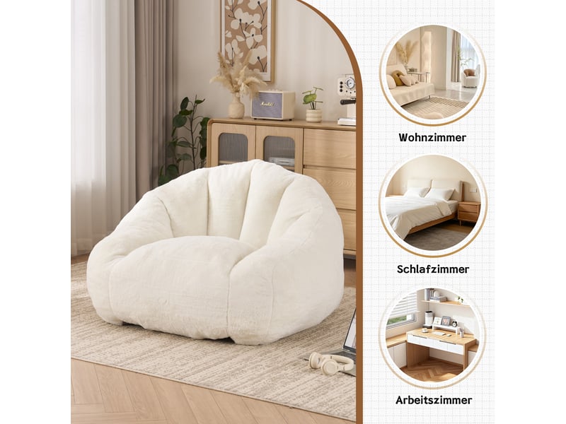  Fauteuil pouf adulte 111x123x75 cm en fausse fourrure, mousse haute densité, compressé sous vide, sans montage, siège lounge blanc crème  - Conforama E