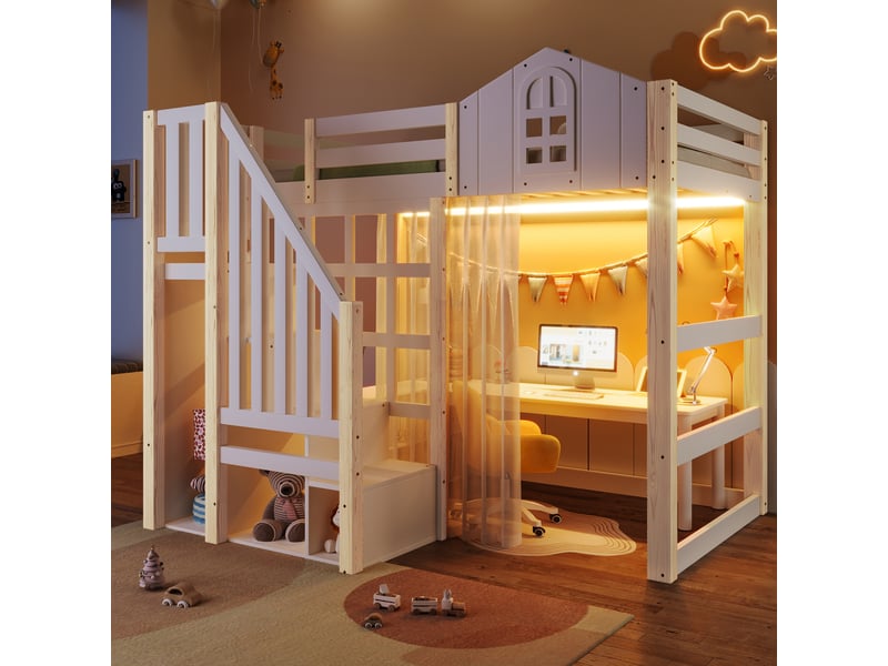 Lit mezzanine 90x200 cm avec rangements led et garde-corps, lit enfant avec sommier à lattes en pin blanc et naturel  - Conforama B