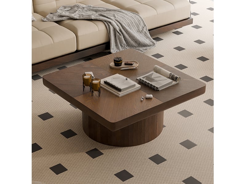 Elvmi table basse carrée pour salon plateau épais avec motif parquet en placage bois base cylindrique avec incrustation verticale aspect noyer design moderne structure robuste assemblage facile 78 cm - Conforama B