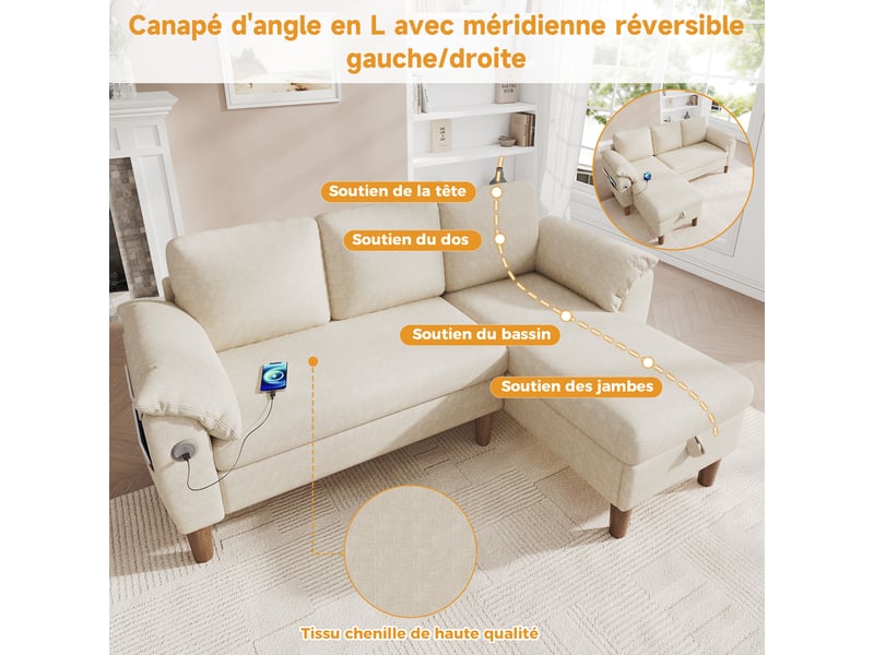  Canapé d'angle 3 places en l canapé modulable en chenille avec méridienne coffre réversible ports usb poches latérales, beige  - Conforama R