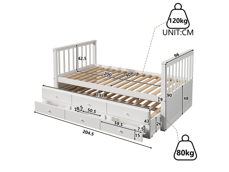  Lit gigogne 90x200 cm en bois massif blanc avec lit d'appoint 90x190 cm et 3 tiroirs  - Conforama C