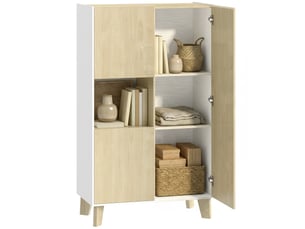 Buffet de salon, meuble de rangement à 6 compartiments avec portes à fermeture amortie, 80 x 40 x 135 cm, bois blanc et naturel