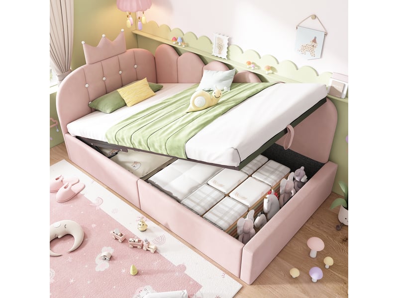 Canapé-lit 90x190 cm type daybed avec rangement hydraulique, lit d’appoint en l, design couronne à barreaux, sans matelas, velours, rose Sol Morn - Conforama B