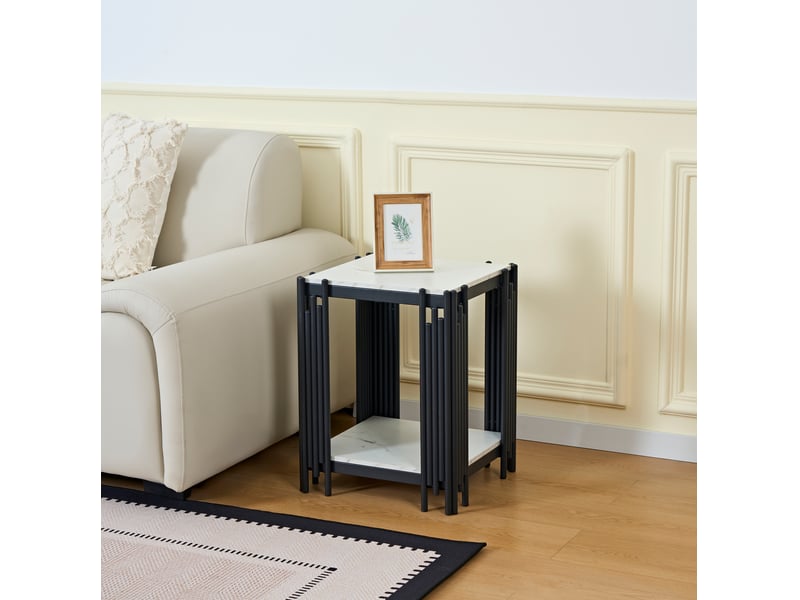 Table de chevet moderne à 2 niveaux ouverte en mdf effet marbre avec cadre métal noir pour chambre 43 × 40 × 54,7 cm - Conforama E