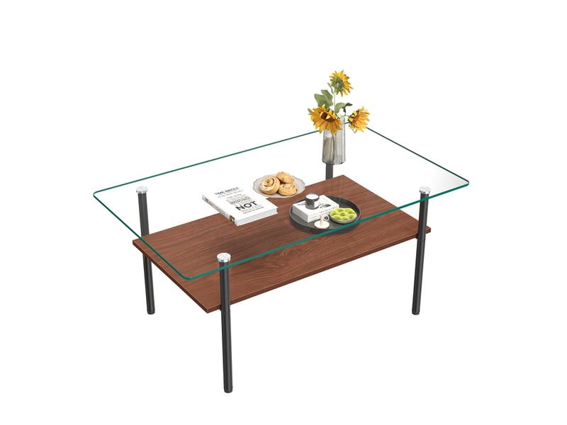  Table basse rectangulaire 98cm verre trempé et bois avec étagère – design moderne et 2 niveaux  - Conforama E
