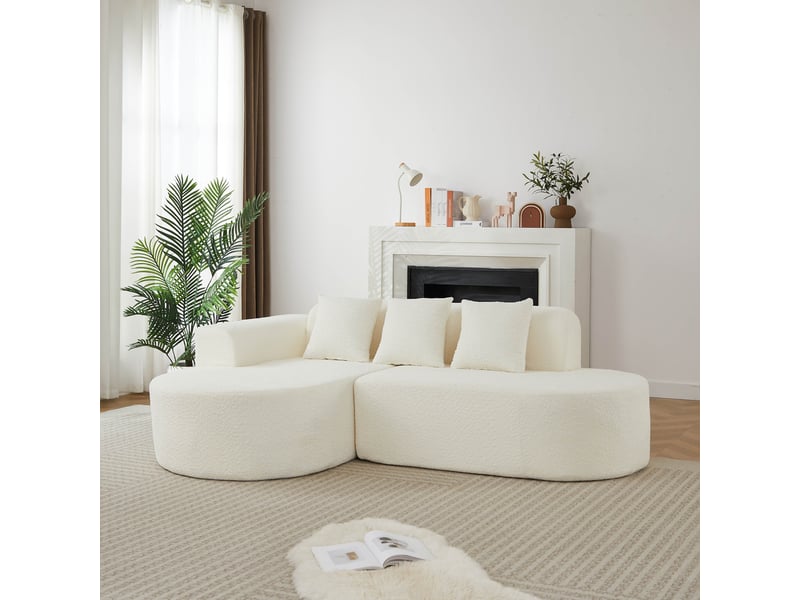  Canapé d’angle en l 3 places 222x157x73 cm avec méridienne gauche, formes arrondies style wabi-sabi, 3 coussins dossier, chenille beige  - Conforama C