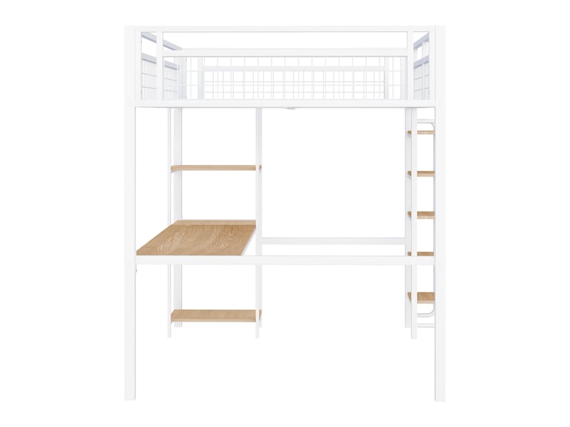  Lit mezzanine avec bureau et étagères, métal blanc, 140x200 cm, escalier et barrières sécurisées  - Conforama E