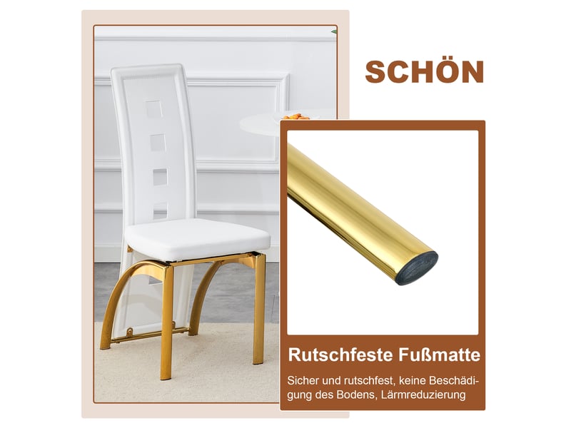  Ensemble table ronde et 4 chaises, plateau en verre trempé 88 cm, chaises blanches en similicuir, structure métallique dorée  - Conforama W
