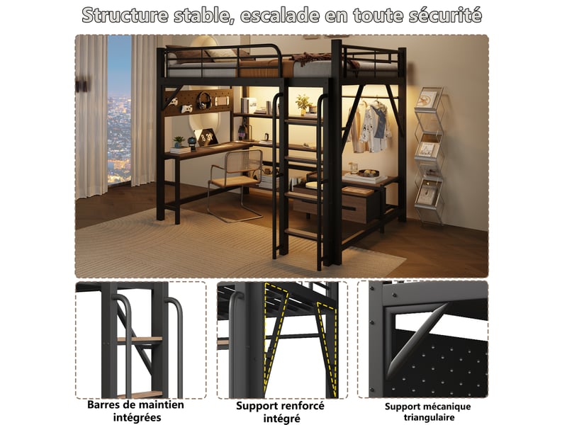  Lit mezzanine 140x200 cm avec bureau, rangements et led noir  - Conforama D