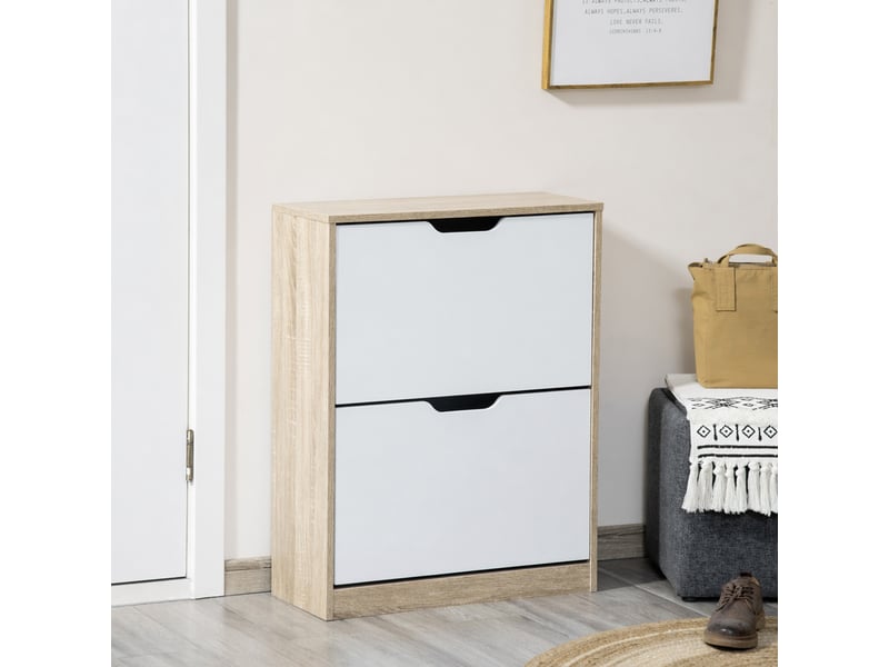  Meuble à chaussures 8 paires, armoire à chaussures étroite, 2 tiroirs rabattables, chêne et blanc  - Conforama A