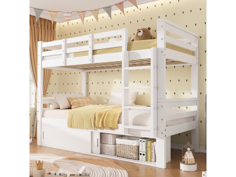  Lit superposé enfant 90x200 cm - 2 lits séparables, portes coulissantes et échelle - pin et mdf - blanc CozyNest - Conforama D