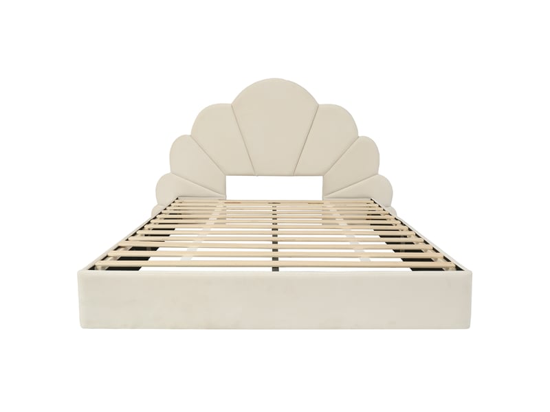  Lit double capitonné, tête de lit ornée de pétales incurvés, style simple, élégant et confortable, cadre de lit moderne, velours beige, 140 x 200 cm  - Conforama D