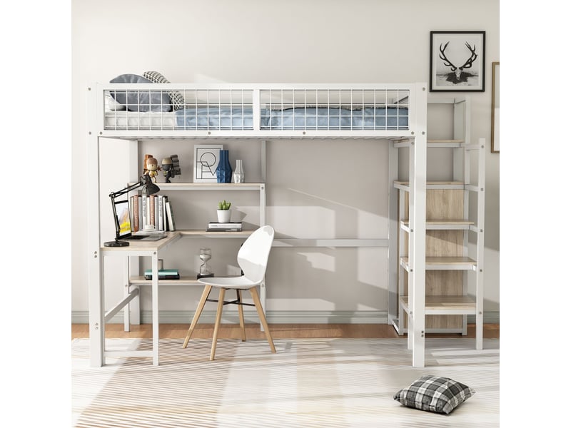  Lit mezzanine blanc 140x200cm avec rangement, échelle, bureau, structure robuste, confort durable - fer et mdf - pour enfant ado  - Conforama B