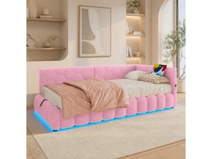 Lit banquette simple 90×200 cm coffre, usb, usb-c et led réglable - sans matelas, velours - rose
