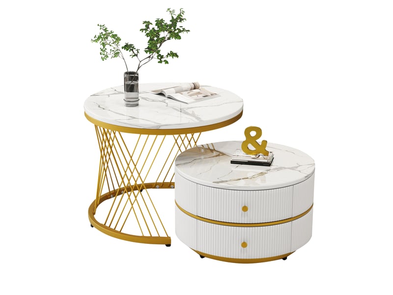  Tables basses gigognes rondes avec 2 tiroirs, finition brillante effet marbre, en mdf, blanc, pour salon  - Conforama A