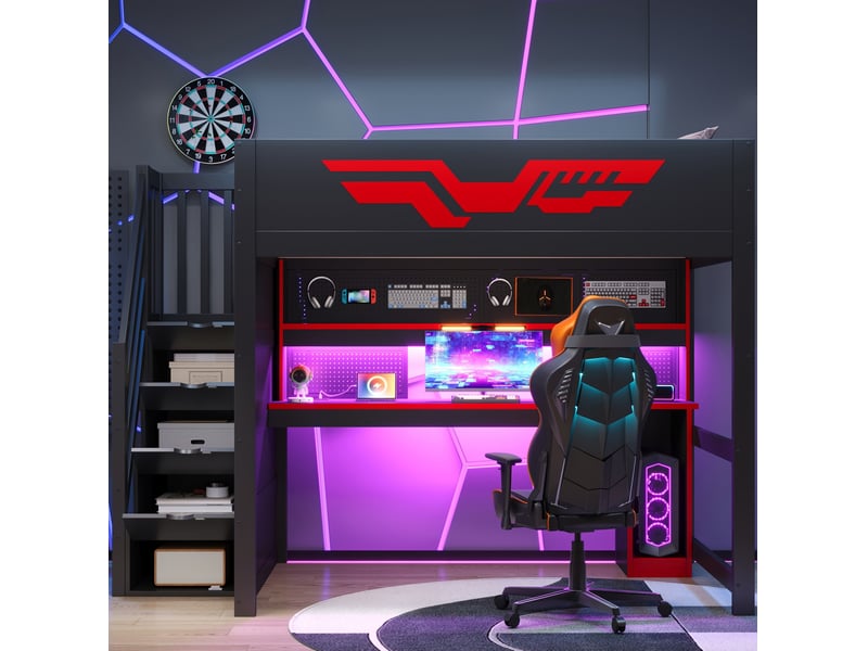 Lit mezzanine 140 × 200 cm 2 places avec bureau, led réglable, usb, 4 rangements et échelle, sans matelas, noir et rouge - Conforama C