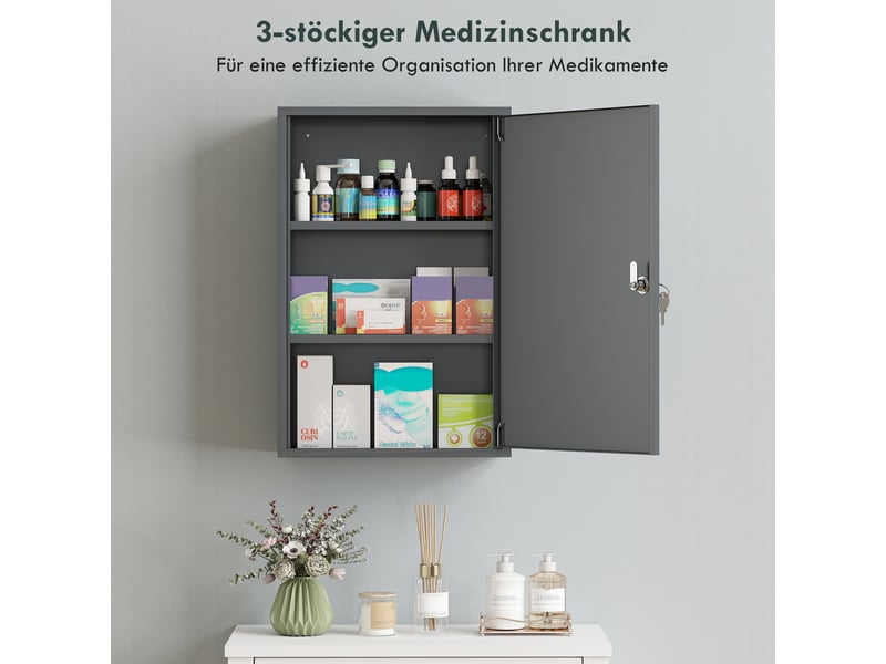  Armoire à pharmacie murale, meuble de salle de bain avec 3 étagères, 2 clés, 40 x 18 x 60 cm, grise  - Conforama E