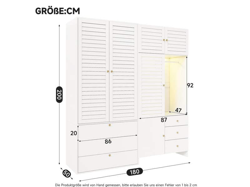  Armoire dressing 180 x 50 x 200 cm – blanche – portes battantes, 6 tiroirs, panier amovible et éclairage led  - Conforama C