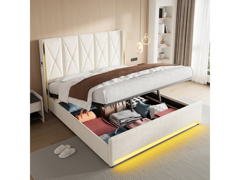  Lit coffre double 180×200 cm avec usb, type-c, led réglable et poches - okmyhome- velours beige, sans matelas  - Conforama B
