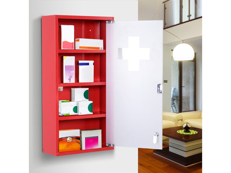  Armoire à pharmacie 3 étagères 4 niveaux verrouillable porte verre dépoli trempé logo croix 30l x 12l x 60h cm acier rouge  - Conforama D