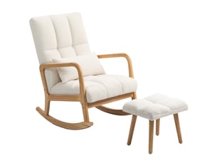 Fauteuil à bascule avec repose-pieds, revêtement polaire, dossier haut, pieds en bois, patins de protection, blanc