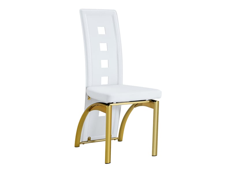 Chaise de salle à manger à dossier ajouré, assise rembourrée et patins en similicuir blanc et métal doré - Conforama A
