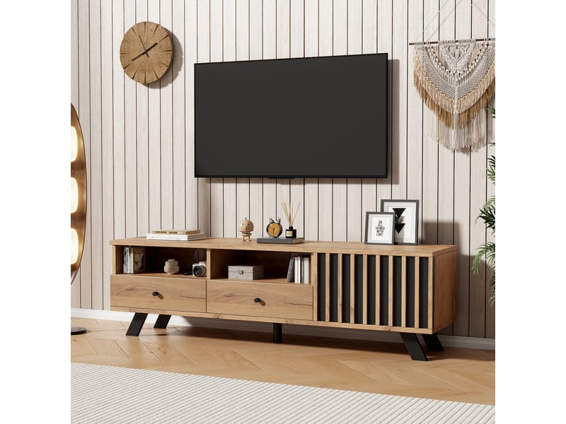  Meuble tv bas 150 cm effet bois naturel et noir – 2 tiroirs, 1 placard  - Conforama C