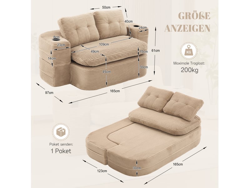  Canapé convertible 2 places avec fonction allongée, porte-gobelets et poches en velours côtelé kaki  - Conforama C