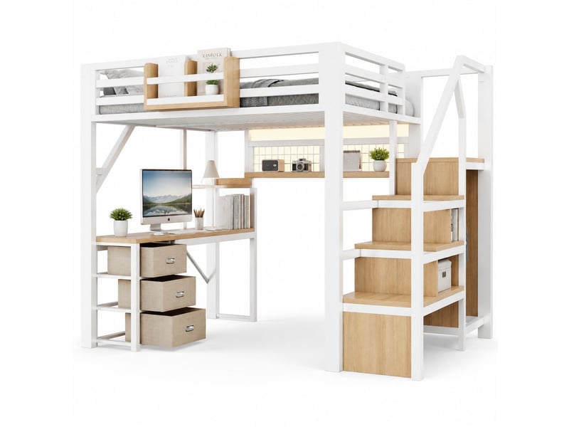  Lit mezzanine 140 × 200 cm en métal avec bureau, 3 tiroirs, étagères, penderie, escalier de rangement et led  - Conforama A