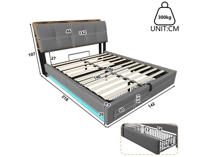  Lit coffre 140x200 cm gris en lin avec led, usb et usb-c  - Conforama C