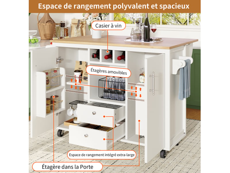  Îlot de cuisine 137,9x73x92,2 cm avec plan rabattable et roulettes, poignées chromées, pour la cuisine, en mdf, blanc  - Conforama E