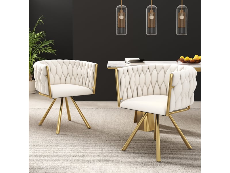  Chaise de salle à manger lot de 6 pivotante à 360 degrés avec dossier incurvé en velours beige et doré  - Conforama D