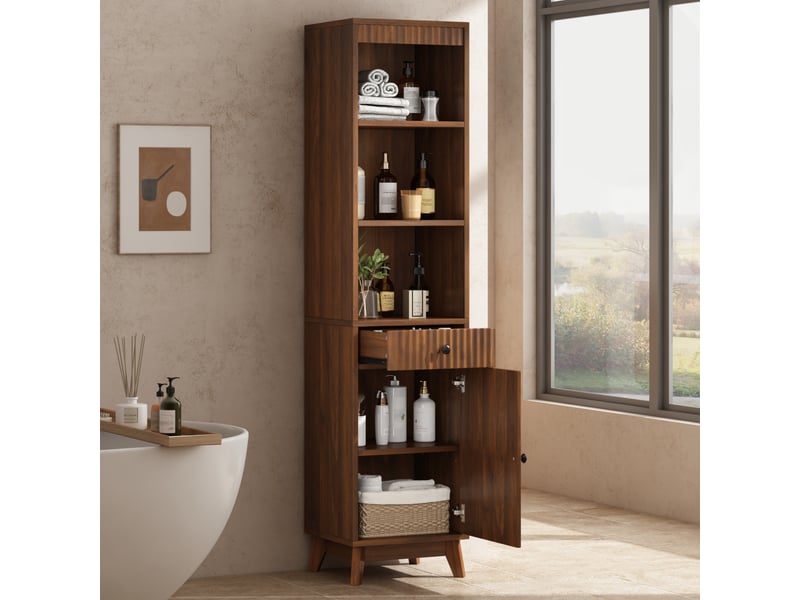  Meuble de salle de bain - 40x36x172cm - meuble haut cannelé avec porte réversible, tiroir &amp; 3 niches - noyer  - Conforama C