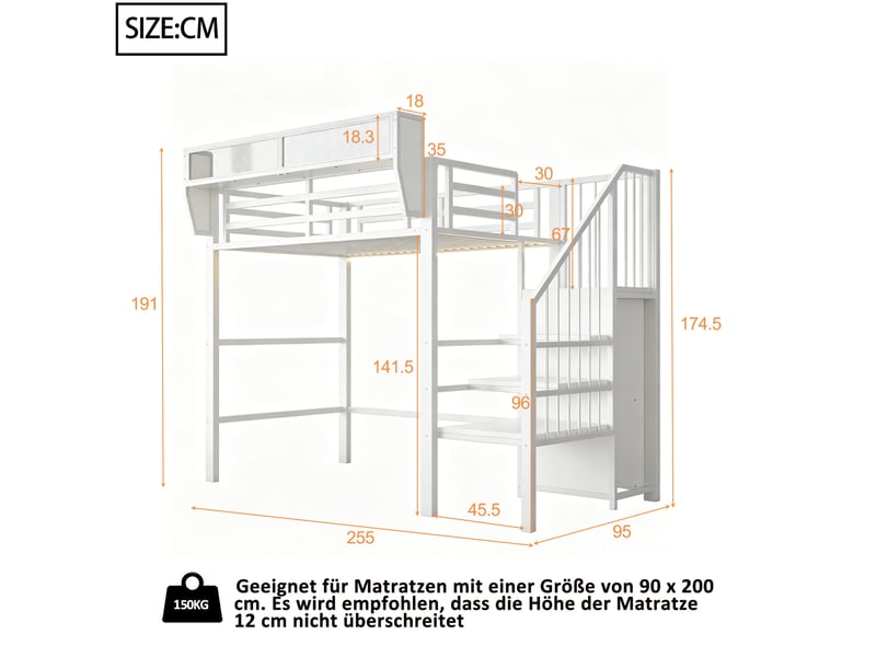 Lit mezzanine 90x200 cm avec bande led, lit surélevé en métal avec échelle sécurisée et rangements modulables, gain de place, blanc OPULERANE TRADING LTD - Conforama C