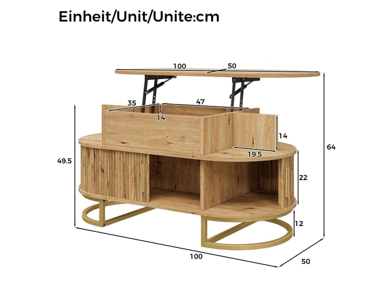  Table basse ovale 100x50x64 cm à plateau relevable avec rangement en mdf coloris naturel  - Conforama E