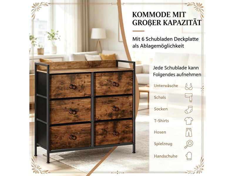  Commode 6 tiroirs en tissu pour chambre 80×29×78 cm bois d’ingénierie métal marron rustique noir  - Conforama C