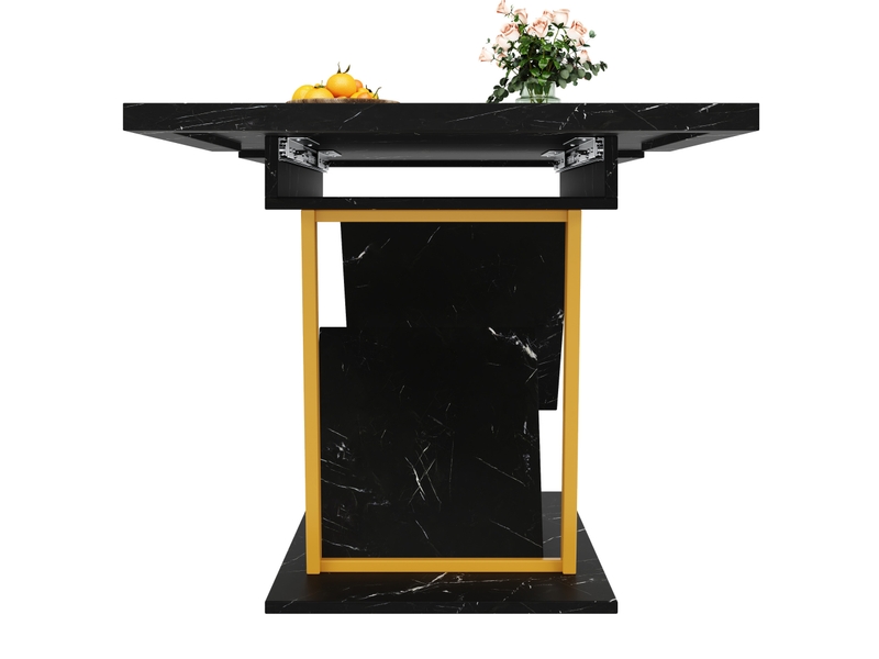  Table à manger extensible 110-140x80x76 cm, plateau à l'aspect marbre (matériau non marbré), rallonge intégrée, couleur noir, en mdf et structure métallique  - Conforama E