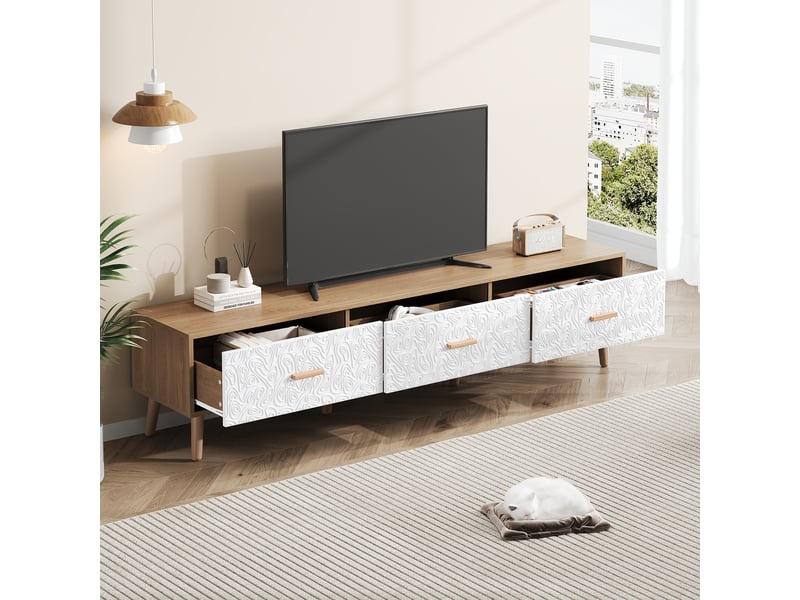  Meuble tv vintage bois clair 150 cm avec 3 tiroirs blanc texturé  - Conforama E