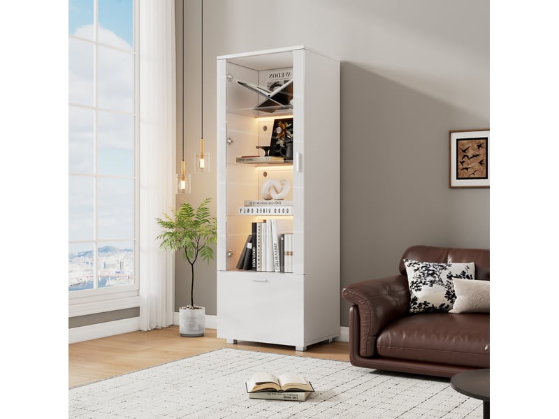  Vitrine haute 50x40x160 cm – blanc – éclairage led, portes acryliques et rangement multifonction  - Conforama E